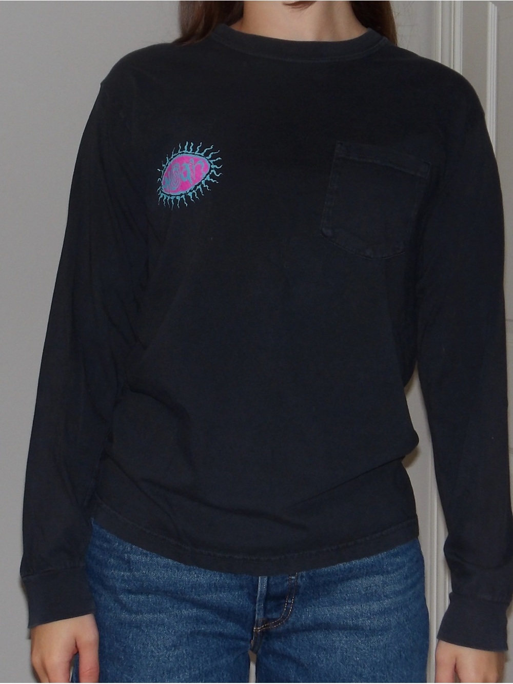 Noah NYC Black Long-Sleeve Pocket Tee with Neon Pink & Aqua Graphic